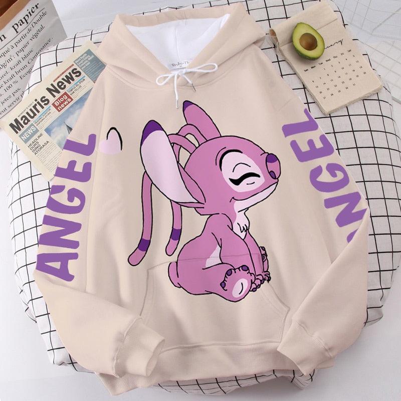 Moletom com capuz Disney Fashion Stitch Angel Monster Letter Cartoon Moletom Pulôver Bonito Harajuku Moletom Feminino Bolso Top - Mágico Ofertas