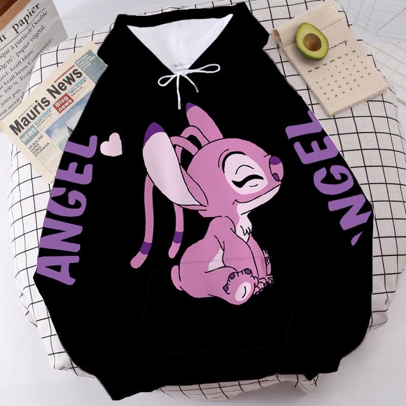 Moletom com capuz Disney Fashion Stitch Angel Monster Letter Cartoon Moletom Pulôver Bonito Harajuku Moletom Feminino Bolso Top - Mágico Ofertas