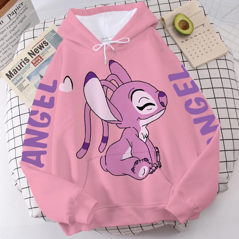 Moletom com capuz Disney Fashion Stitch Angel Monster Letter Cartoon Moletom Pulôver Bonito Harajuku Moletom Feminino Bolso Top - Mágico Ofertas