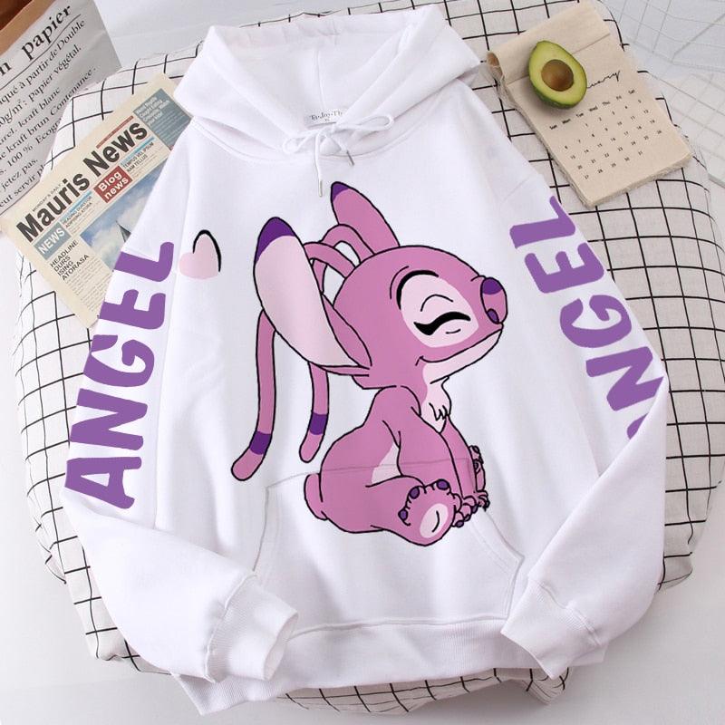 Moletom com capuz Disney Fashion Stitch Angel Monster Letter Cartoon Moletom Pulôver Bonito Harajuku Moletom Feminino Bolso Top - Mágico Ofertas